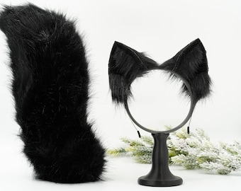 Black Cat ears and tail, Cat ears and tail, Cat ears,  handmade ears, pet play,  custom ears, tail  , ears headband,  tail