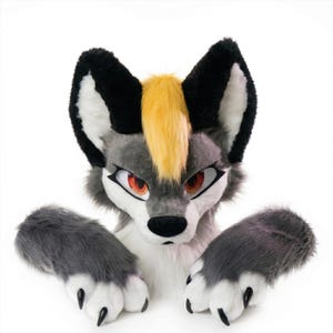 トゥーン風の着ぐるみヘッド＆ファーマスク（グレーイエロー）｜エレクトリックウルフのコスプレセット（足付き）｜即日発送可能なサイバーパンクギア