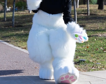 Geheel witte volledige fursuit-broek, Furry Convention Custom Fursuit Fursona, Evenement met dierenthema, Fursuit Benen Hand/Voeten Paws Tail
