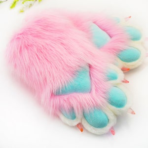 Rosa Kunstpelz Pfoten mit 4 Finger,Fursuit Pfoten,Fursuit Pfoten,Fursuit Pfoten,Fursuit Pfoten mit lila Fell