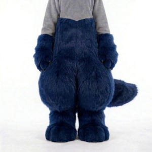 May include: A navy blue furry costume with matching gloves, trousers, and feet. The costume has a large tail and is worn with a grey long-sleeved top. The costume is designed to resemble an animal.