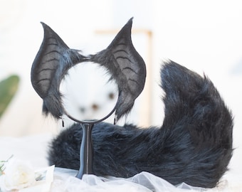Bat cat ears, evil cat ears and tail, Wolf ears,tail ,fox ears headband handmade ears pet play custom ears Halloween cosplay Furry equipment