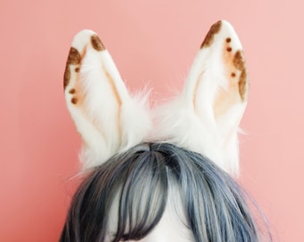Realistic bunny Ears, Fluffy rabbit ears, Faux Fur ears, bunny Ears Headband，cosplay bunny ears, white spotty bunny Ears, Faux fur Ears, 164