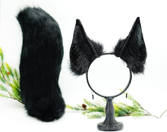 Schwarzer Hund Ohren und Schwanz, Cosplay Ohr, Anime Cosplay, Kunstfell Wolfohren, flauschige Fuchsohren, Kawaii Ohren, Kunstpelzohren, Ohren Stirnband