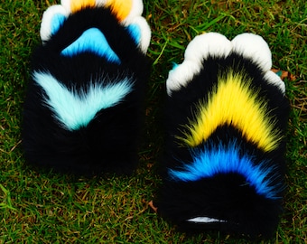 Black fursuit paws with figure, white finger and blue pad, custom paws, fursuit, cosplay, petplay, handpaws