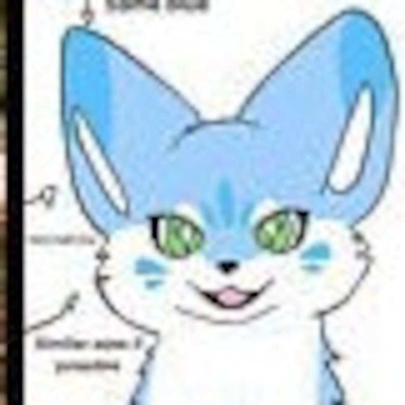 Pu&ograve; includere: Una volpe di cartone animato blu e bianca con occhi verdi e un grande sorriso. La volpe ha una macchia bianca sulla fronte e un mento bianco.