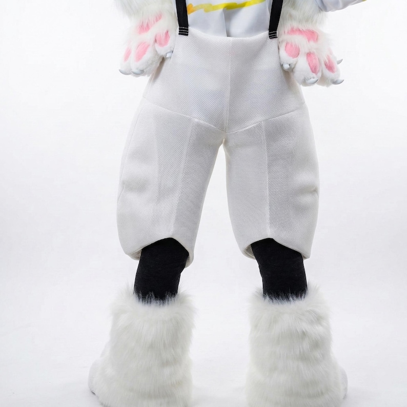 May include: A white costume featuring a pair of white pants with black suspenders, black socks, and fluffy white boots. The costume also includes white gloves with pink paw pads. The outfit is designed to resemble a furry animal.