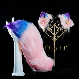 Floral Cat Ears and Tail Set | Custom Plush Cat Ears Headband and Tail with Floral Accents for Cosplay, Halloween, and Furry Conventions