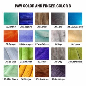 May include: Image showcasing a color chart titled "PAW COLOR AND FINGER COLOR B." The chart displays 19 different fur colors, each with a number and a name, including Verona, Sapphire, Camel, Slate, Tropical Blue, Orange, Hydrangea, Atoll Green, Fog, Cream, Ice Blue, Elf Green, Violet, Gray, Chartreuse, Mint Green, Gimger, Yellow Brown, and Dark Purple.