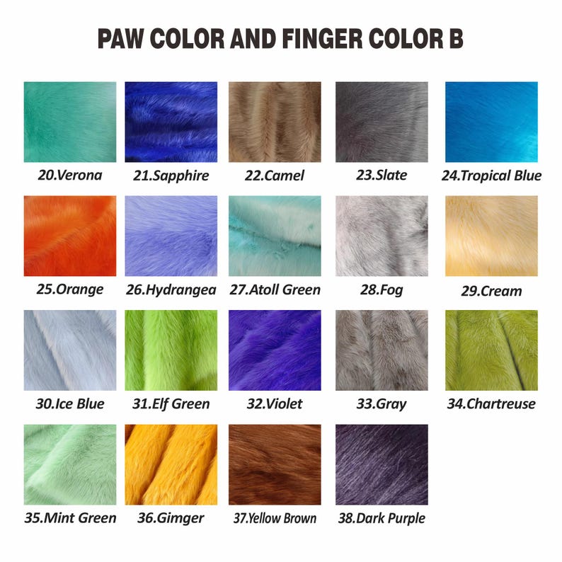 May include: Image showcasing a color chart titled "PAW COLOR AND FINGER COLOR B." The chart displays 19 different fur colors, each with a number and a name, including Verona, Sapphire, Camel, Slate, Tropical Blue, Orange, Hydrangea, Atoll Green, Fog, Cream, Ice Blue, Elf Green, Violet, Gray, Chartreuse, Mint Green, Gimger, Yellow Brown, and Dark Purple.