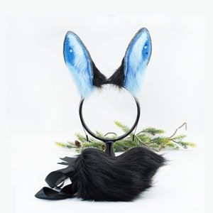 Bunny Ear & Tail Set ，Blue Bunny ears, furry faux fur costume cosplay  ears, Rabbit Ears Headband, bunny tail, Black and Blue bunny ears