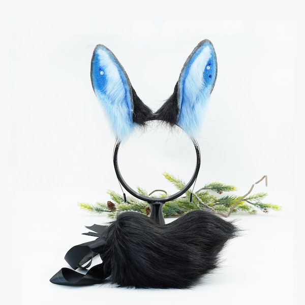 Bunny Ear & Tail Set ，Blue Bunny ears, furry faux fur costume cosplay  ears, Rabbit Ears Headband, bunny tail, Black and Blue bunny ears