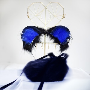 Black Blue Hamster Ears and tail, Fluffy Ears, Bear Ears Headband, Bear Tail, Realistic Hamster Ears , Mouse Ears,Halloween Animal Ears