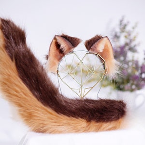 Coffee Cat ears and tail, brown tail,  ears and tailHalloween party ornaments brown cat ear tail cosplay tail and ears,  animal ears,