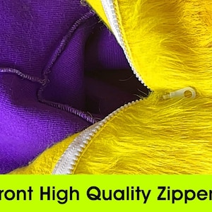 a close up of a purple and yellow jacket