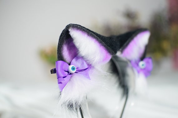 Black Purple Cat Ears Headband Faux Fur Ear Wolf Ears and