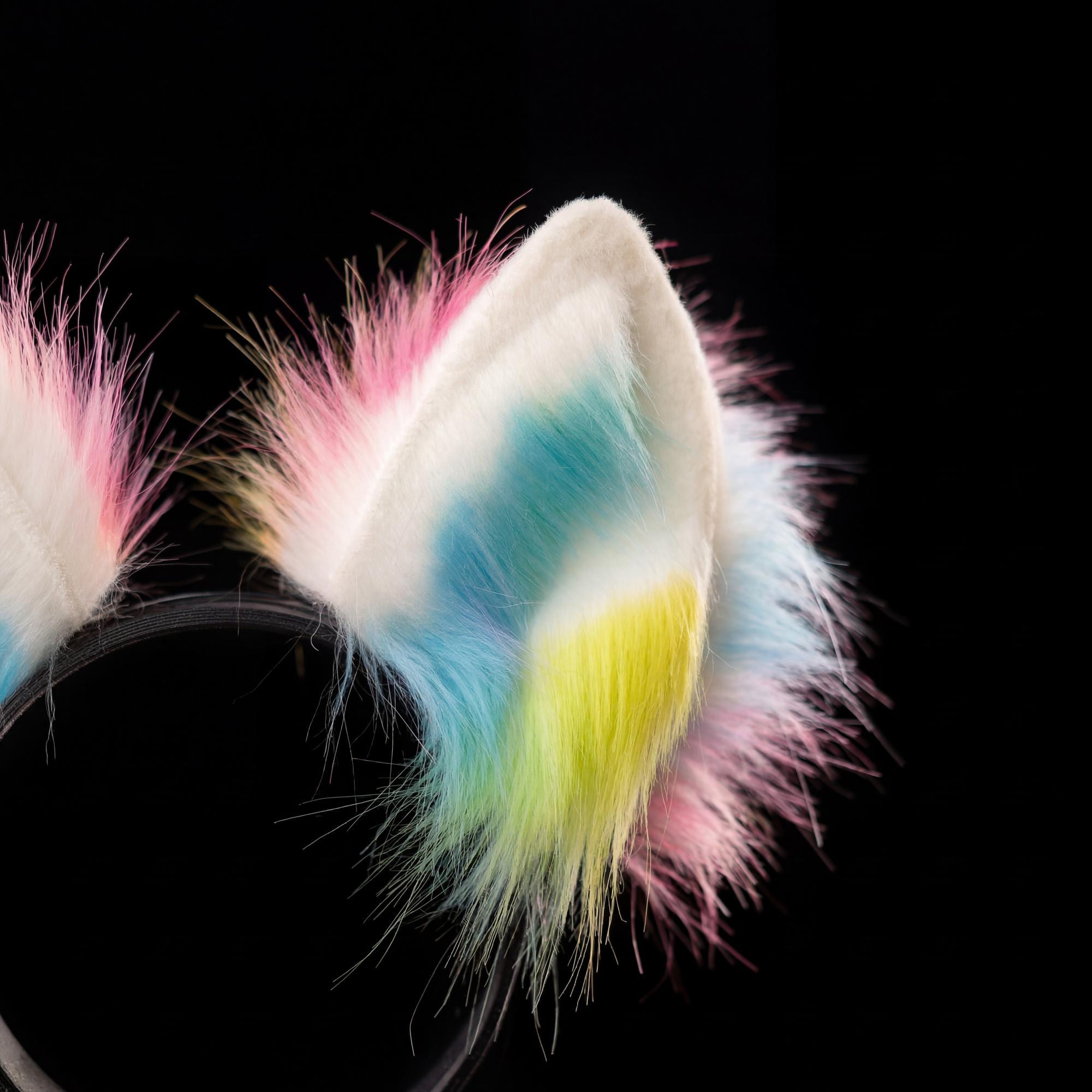 Rainbow Furry Cosplay Ears and Tail Set - Posable Faux Fur Anime ...