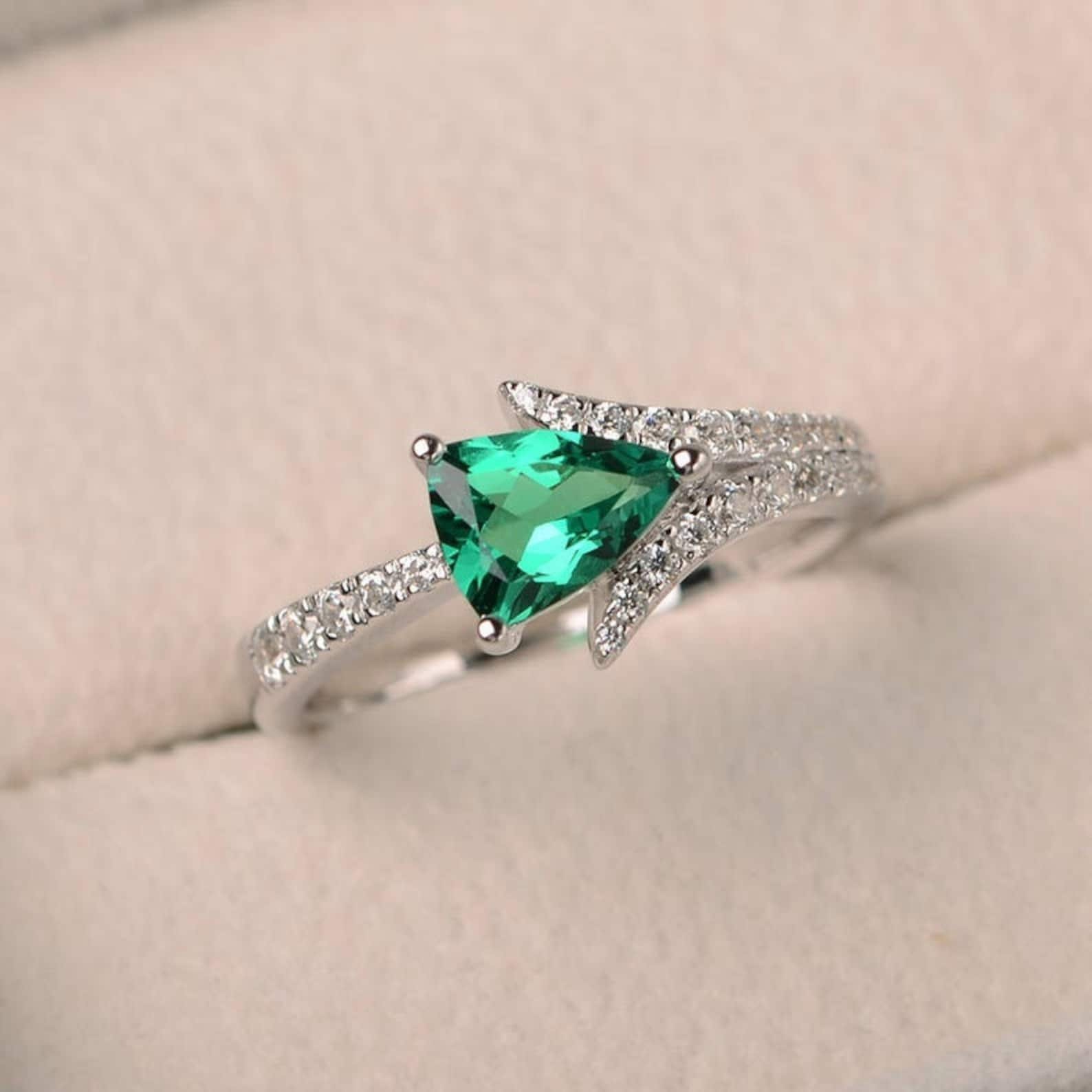 Emerald ring trillion cut emerald ring May birthstone | Etsy