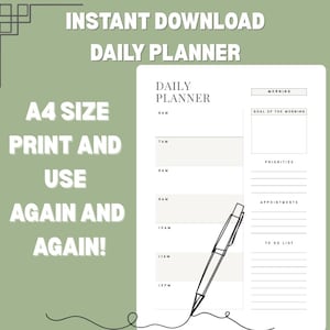 Könnte beinhalten: Ein druckbarer Tagesplaner im A4-Format mit einem schwarzen Stift, der auf die Seite gezeichnet ist. Der Planer hat Abschnitte für den Morgen, das Ziel des Morgens, Prioritäten, Termine und eine To-Do-Liste.