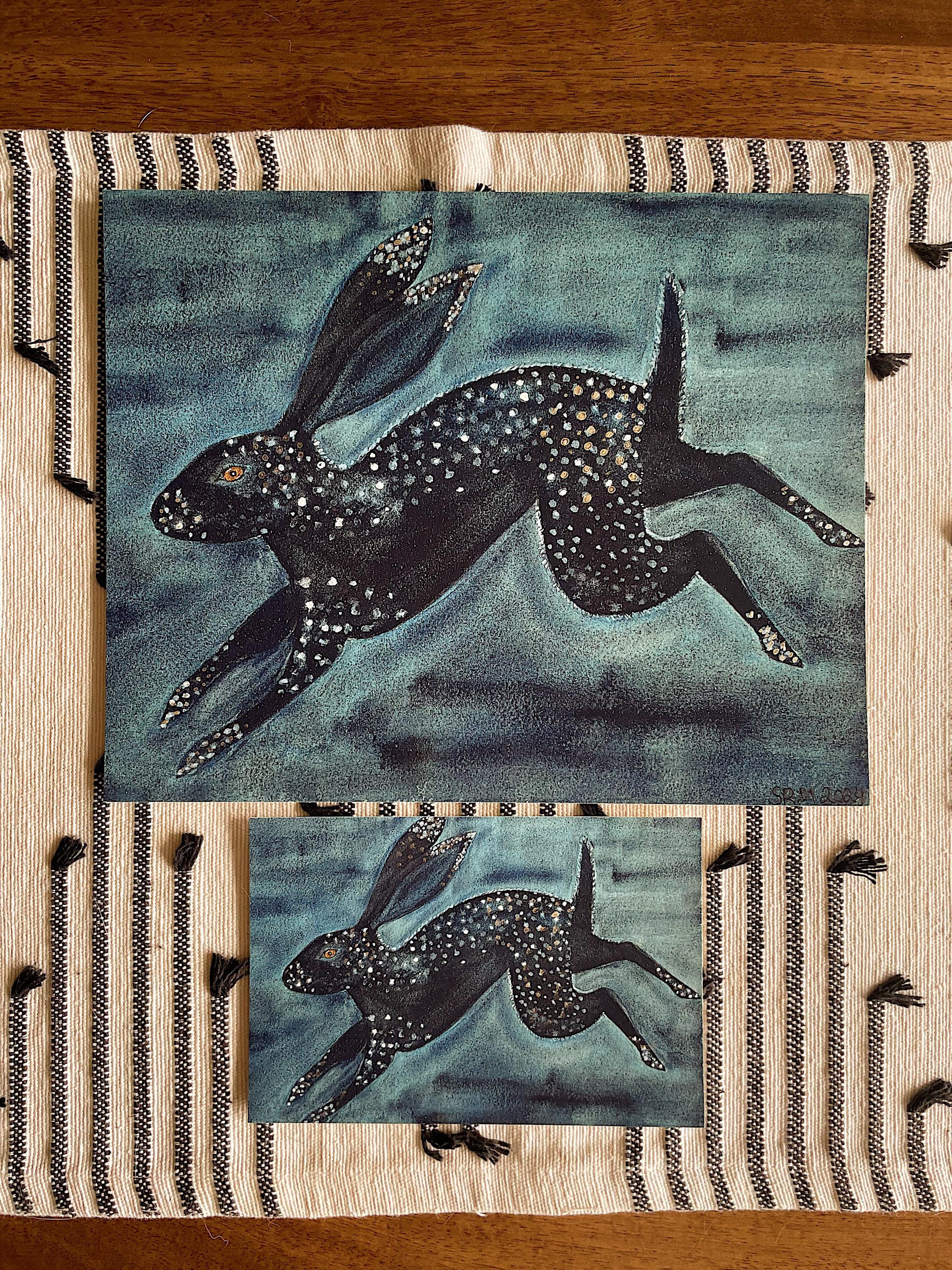 Midnight Rabbits Midnight Spotted Rabbit Watercolor Print With Blue Background | Hand ...