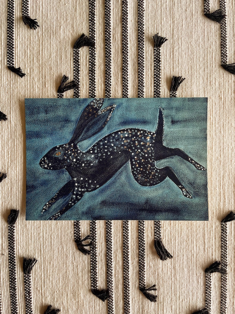 Midnight Rabbits Midnight Spotted Rabbit Watercolor Print With Blue Background | Hand ...