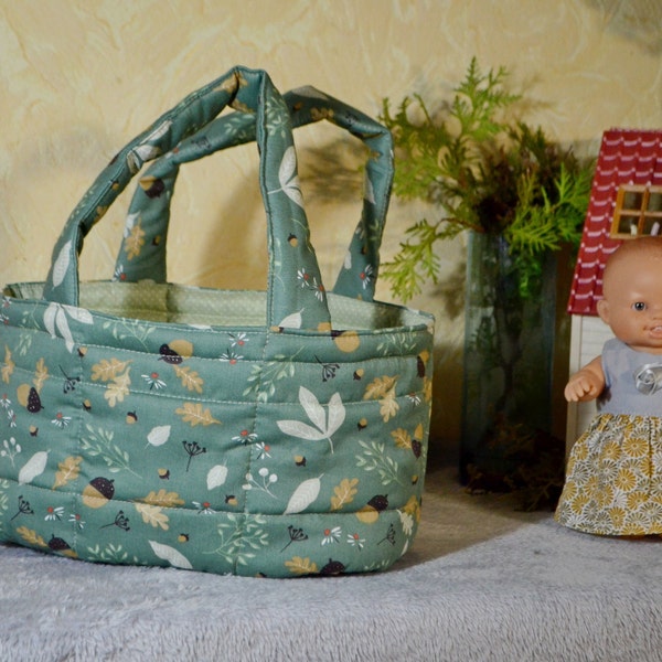 Forest treasures textile crib, 8-10 inch Dolls bedding set ,Green cotton bag,Montessori toy, Neece gift idea, Moses basket,playing accessory