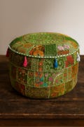 Handmade Indian Pouf Ottoman – Colorful Patchwork Embroidered Floor Pillow, Boho Seating