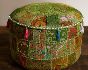 Handmade Indian Pouf Ottoman – Colorful Patchwork Embroidered Floor Pillow, Boho Seating