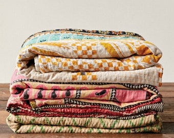 Indian cotton kantha quilt, Reversible summer blanket, Single Twin bed, Boho hippie quilt