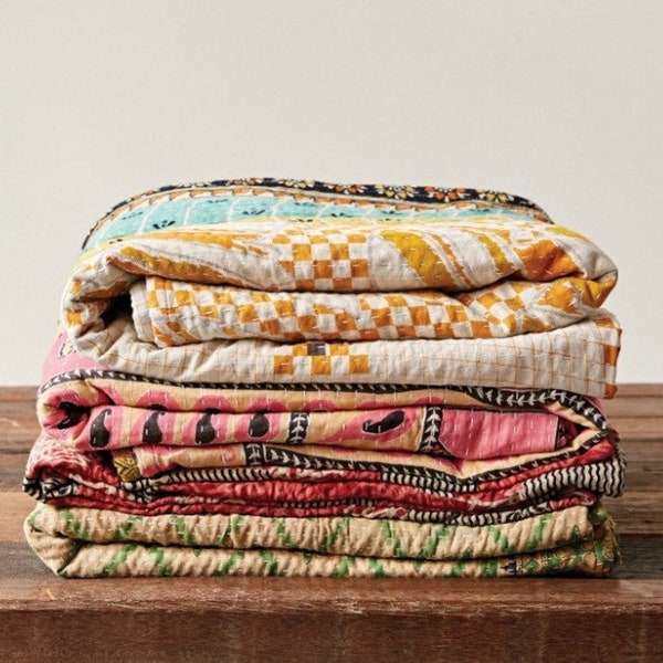 Indian cotton kantha quilt, Reversible summer blanket, Single Twin bed, Boho hippie quilt