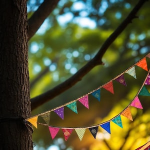 May include: A string of colorful triangular pennant flags, each with unique patterns and colors, strung across a tree trunk. The flags are in shades of yellow, orange, pink, purple, blue, and green, creating a festive outdoor decoration.