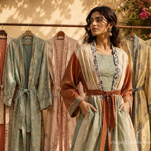 Puede incluir: Una mujer posa frente a un perchero con varias batas estampadas. Las batas son en tonos verdes, melocotón y amarillo. La mujer lleva una bata con una parte superior color crema, mangas color óxido y un vestido verde debajo.