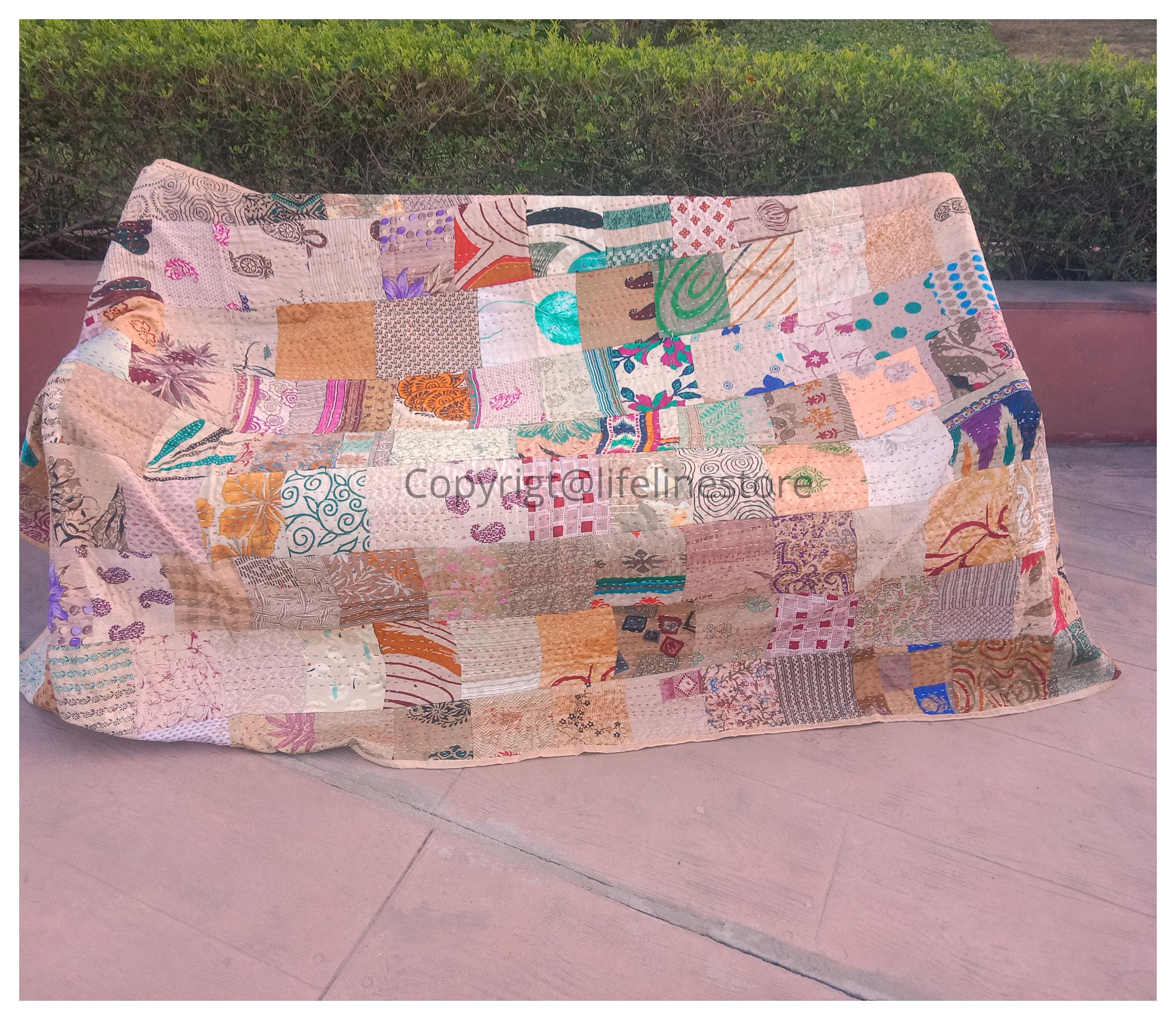 インドのヴィンテージハンドメイドパッチワークカンタキルト - Etsy 日本