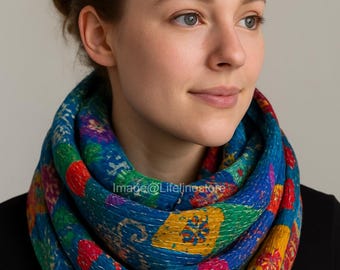 Handmade Kantha Stole | Vintage Reversible Dupatta | Indian Sari Scarf | Multicolor Boho Wrap