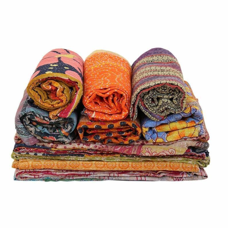 Wholesale Lot Of Indian Kantha Quilt Throw Reversible Blanket Bedspread Cotton Fabric Indian Vintage Cotton Kantha Quilts image 4