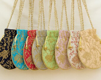 May include: A collection of eight embroidered drawstring pouches in various colors, including navy, turquoise, red, gray, green, lavender, off-white, and beige. Each pouch features gold floral embroidery and a gold cord drawstring.