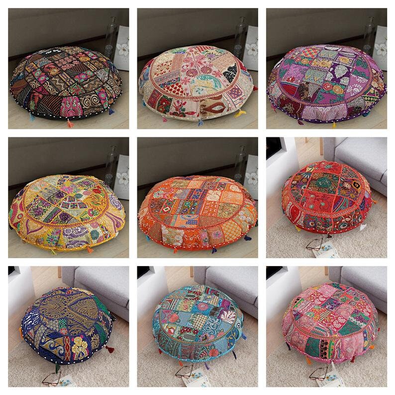 Pink Bohemian Vintage Patchwork Pouf Embroidered Pouffe chair Diwali Furniture 