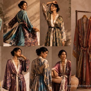 May include: A collection of silk robes in various colors and floral patterns. The robes are displayed on a rack and worn by a model. The robes have a wrap-around design with a matching belt. The color palette includes teal, gold, purple, and burgundy.