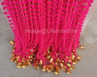 50 Pc FREE SHIPING Pom pom Wedding Backdrop Decor Bell String,Indian Handmand Bell Garlands, Indian Wedding Mehndi Sangeet Party Decor