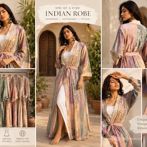 Puede incluir: Imagen que presenta túnicas indias en varios colores, incluyendo rosa, beige y azul, con patrones florales y geométricos. Las túnicas son hechas a mano, sostenibles y éticas. El texto "Boho Elegance" y "Indian Robe" está incluido.