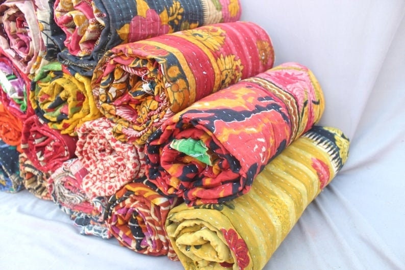 Wholesale Lot Of Indian Kantha Quilt Throw Reversible Blanket Bedspread Cotton Fabric Indian Vintage Cotton Kantha Quilts image 1