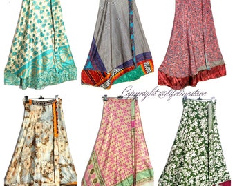 Wholesale Lots Sari silk wrap skirt Reversible and Lightweight Floaty Double layer skirt Long Skirts Ties Skirt Gypsy Hippie Wrap Skirt