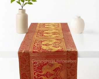 Indian Silk Table Runner Pink – Elephant Embroidery, Boho Farmhouse Table Decor, Handmade 60x16 Coffee Table Runner
