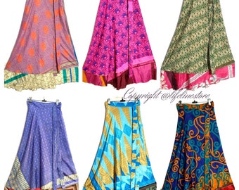 Wholesale Lots Sari silk wrap skirt Reversible and Lightweight Floaty Double layer skirt Long Skirts Ties