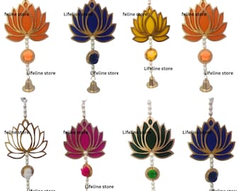100 Pc Wall Door Hanging Lotus Latkan Toran with Bells (22.8 cm x 9.6 cm) - Main Door Entrance Pooja Room Home Temple Wedding Festival