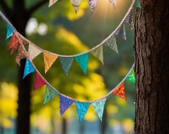 Bandierine indiane in sari riciclati - Bandierine colorate - Ghirlanda da giardino fatta a mano - Bandierine nuziali in tessuto sari - Ghirlande in tessuto sari
