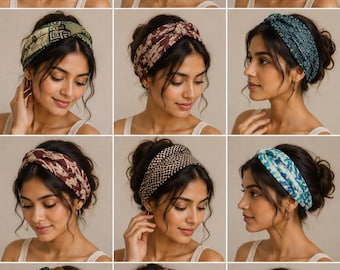 Set sari-hoofdbanden van gerecyclede zijde: boho-haarwikkel, gekruiste haarbanden