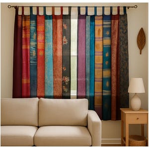 Indisk handgjord indisk sidensari-gardin dekorativ boho hippiegardin, rumsdekor lapptäcksgardin, fönsterdekorationsgardin