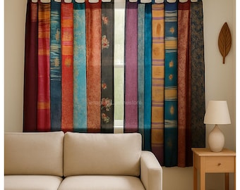 FREE SHIPPING - Handmade Indian Silk Saree Fabric Curtain Decorative Boho Hippie Curtain, Room Decor Patchwork Curtain, Window Decor Curtain