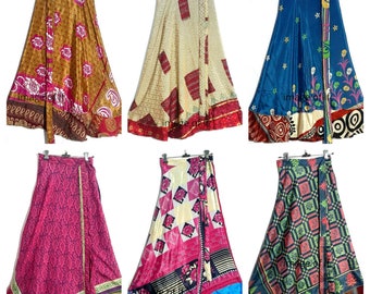 5 Pc Lot  Indian vintage silk wrap skirt women beach skirt boho skirt magic double layer skirts for  Indian Wrap Skirt Silk skirt